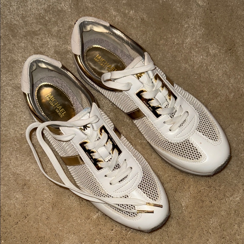Michael Kors White and Gold Mesh Sneakers Size 9.5